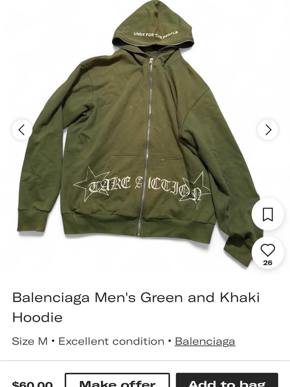 Balenciaga Olive Green Zip-Up Hoodie with White Script